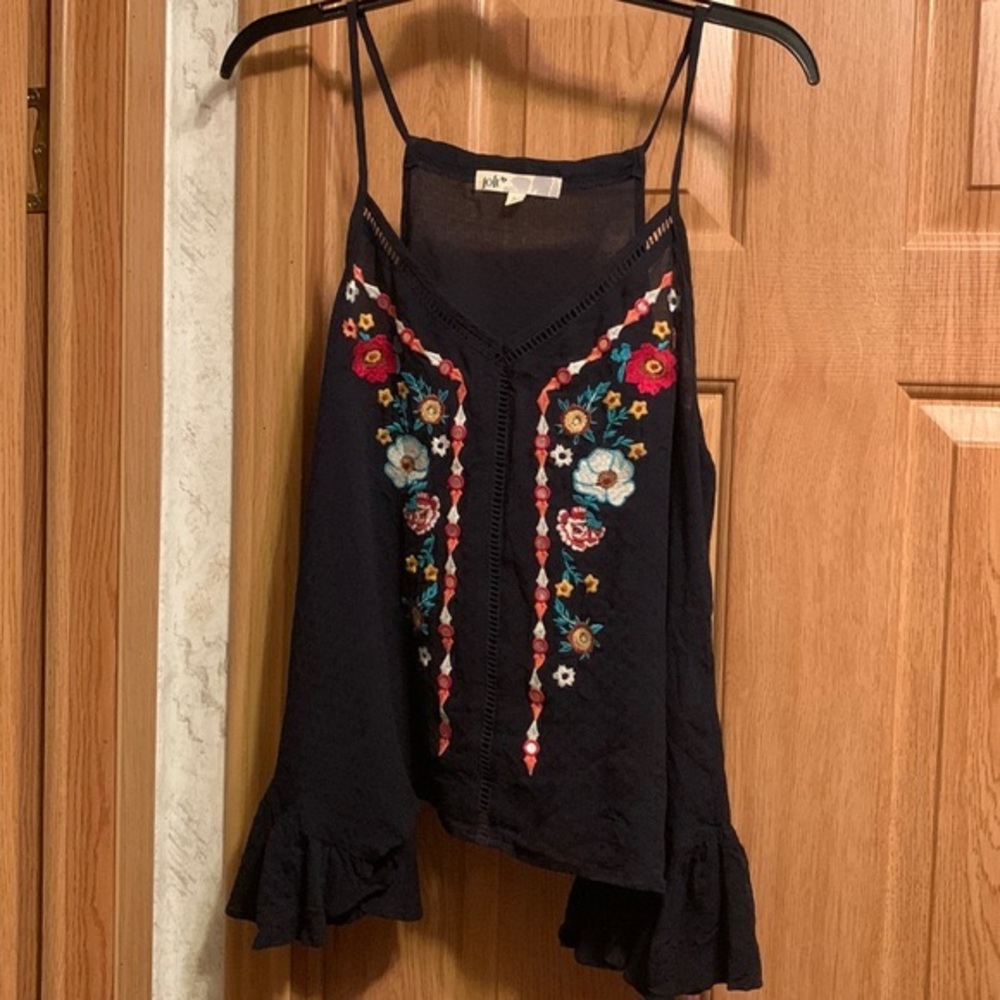 Jolt Navy Blue Flowy Tank with Floral Embroidery — Large